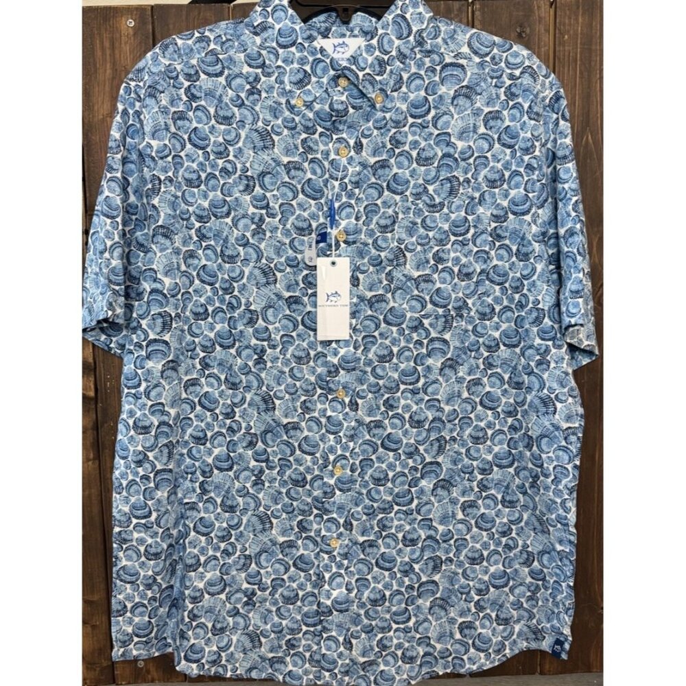 Southern Tide Mens Large L Sunday Shells Linen Blend Shirt Blue & White $105